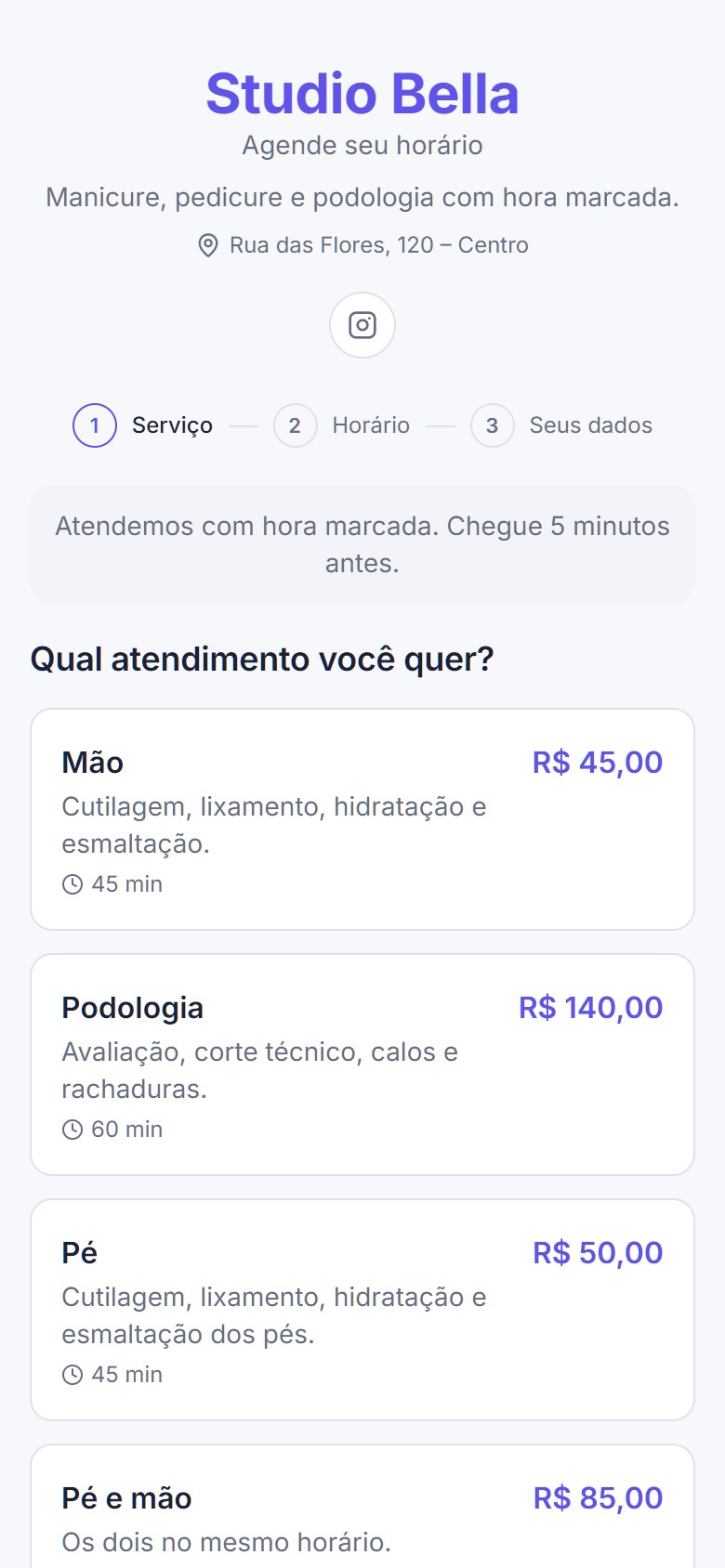 Página de agendamento no celular, com serviços e preços