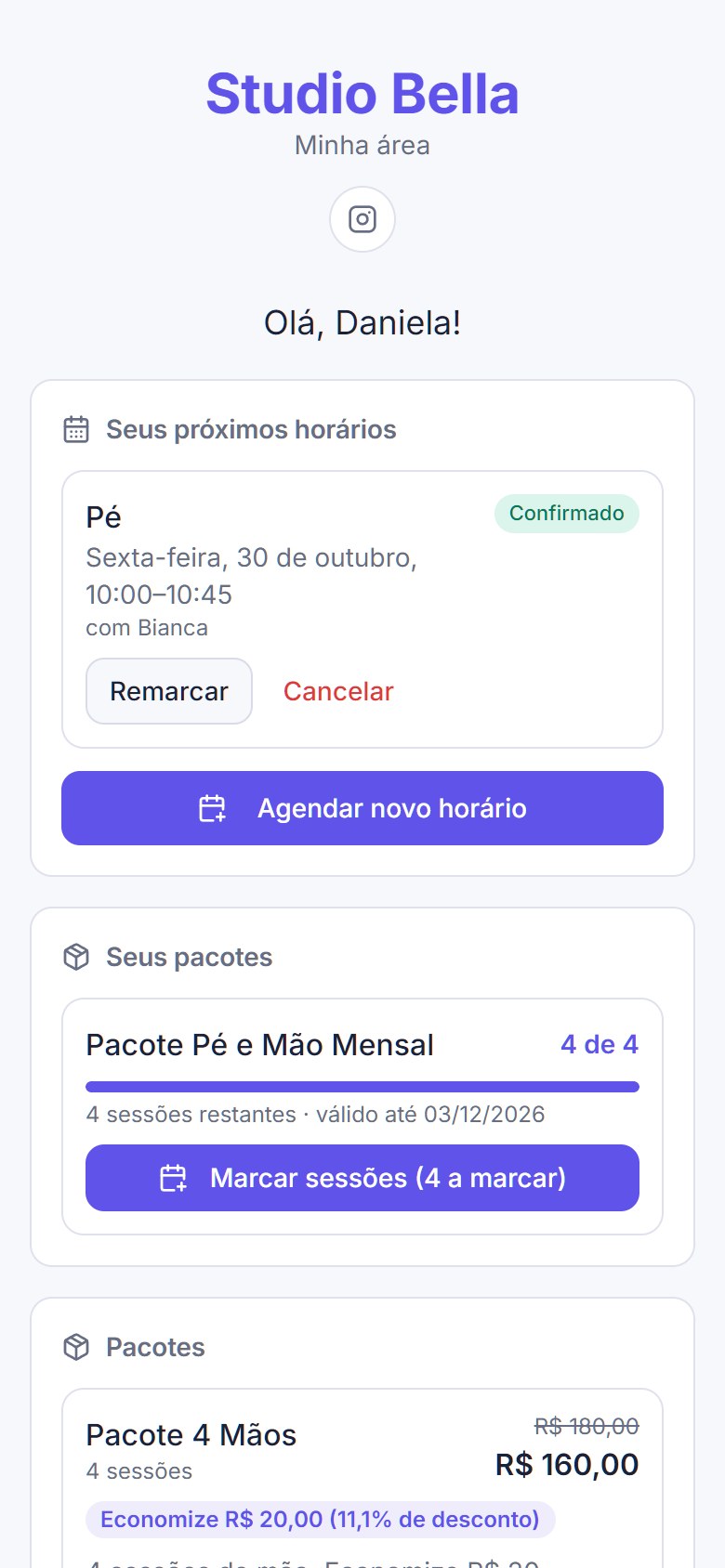 Área da cliente com os próximos horários e o pacote com sessões restantes